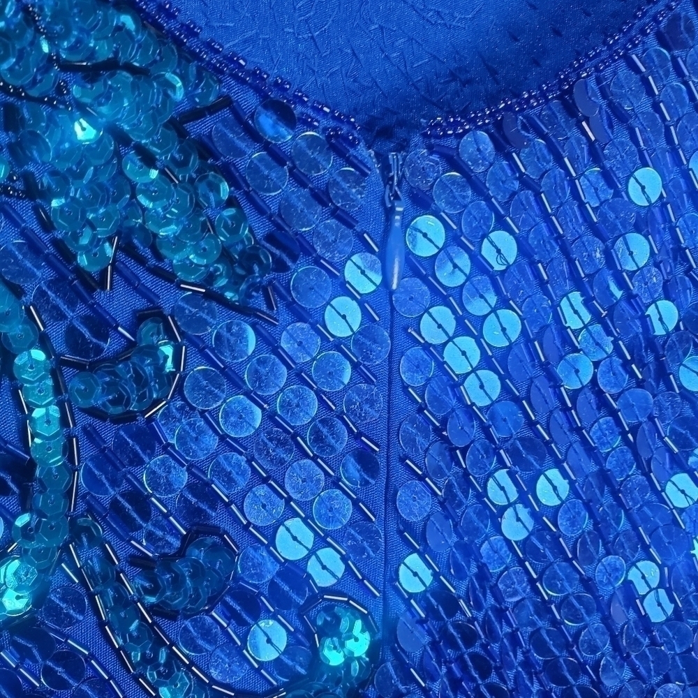 Vintage 80s Nadine Vibrant Blue Floral Sequins Long Sleeve Dress Size Medium - Picture 11 of 16